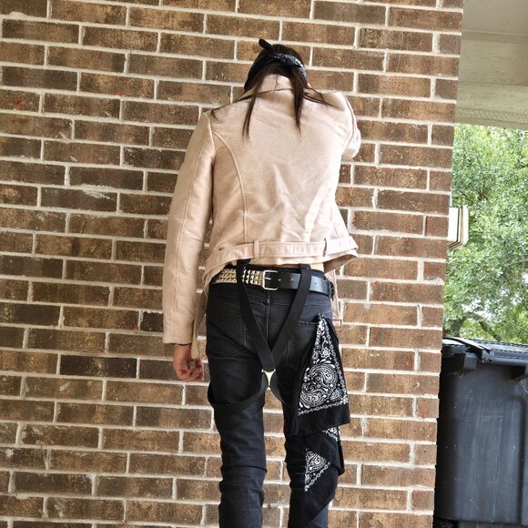 Unisex- Beige Faux Suede Biker Jacket - Picture 2 of 5